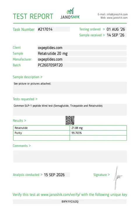 Raport z badań Janoshik nr 217014, Retatrutide 20 mg