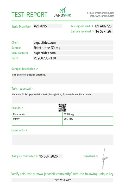 Raport z badań Janoshik nr 217015, Retatrutide 30 mg
