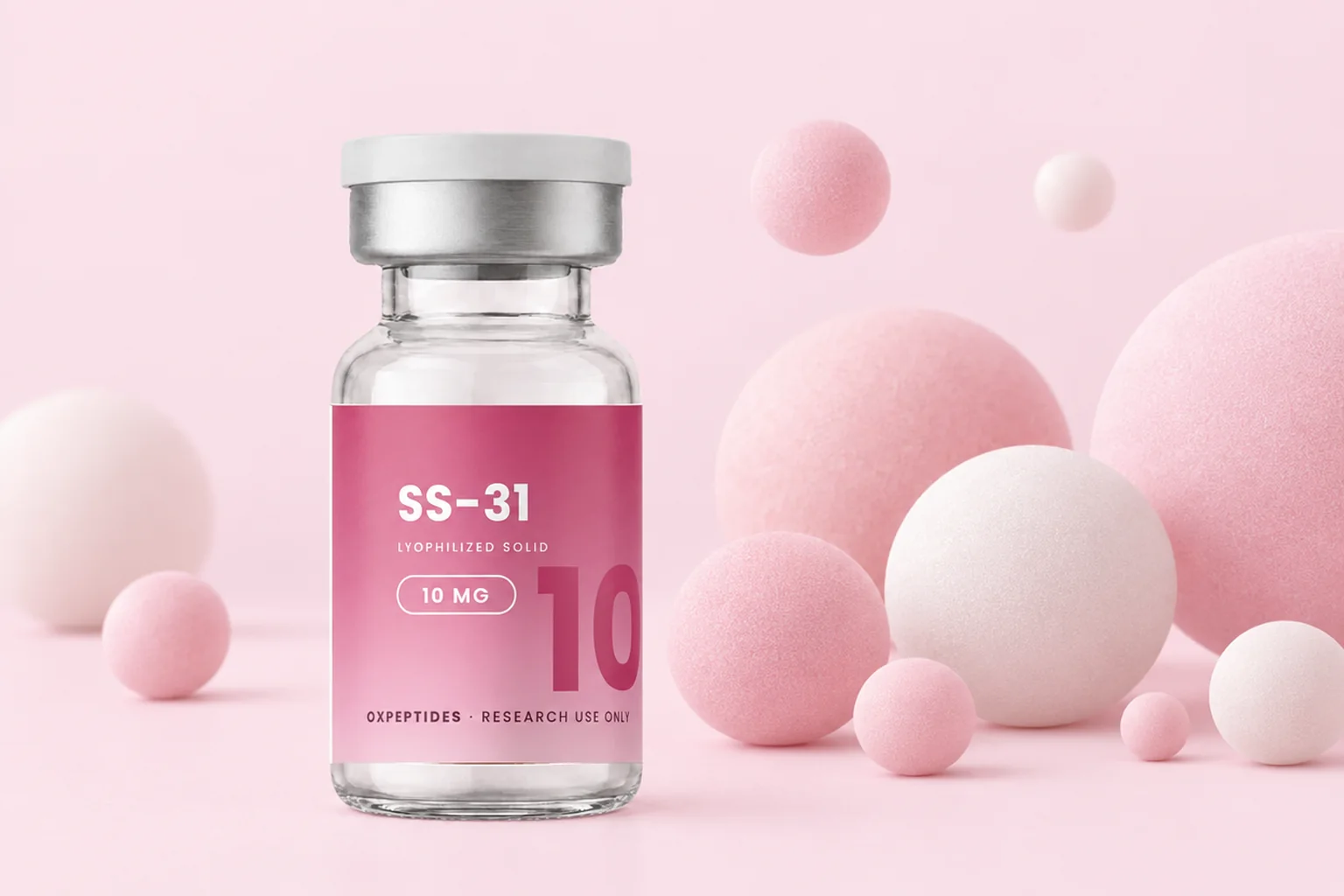 Fiolka liofilizowanego SS-31 10 mg wśród miękkich pasteloworóżowych kul