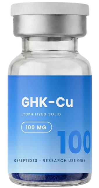 GHK-Cu 100 mg — zapieczętowana fiolka z liofilizatem, etykieta GHK-Cu