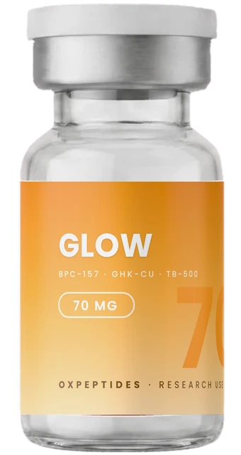 GLOW 70 mg — zapieczętowana fiolka z liofilizatem, etykieta GLOW