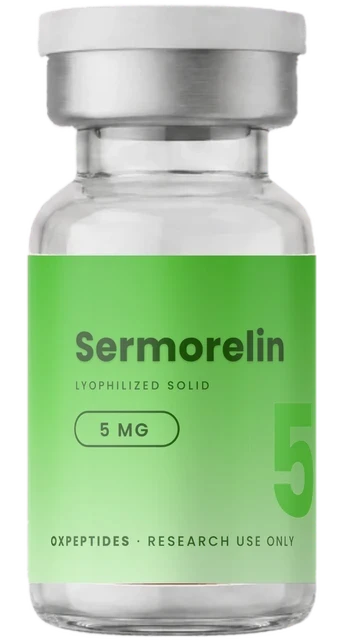 Sermorelin 5 mg — zapieczętowana fiolka z liofilizatem, etykieta Sermorelin