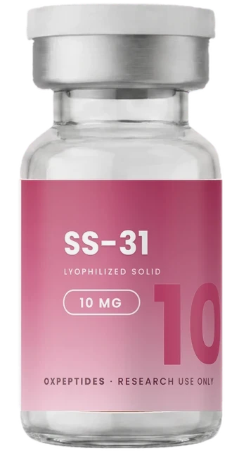 SS-31 10 mg — zapieczętowana fiolka z liofilizatem, etykieta SS-31