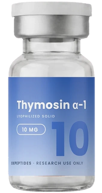 Thymosin α-1 10 mg — zapieczętowana fiolka z liofilizatem, etykieta Thymosin α-1